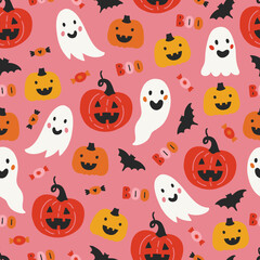 Halloween seamless pattern with ghosts, pumpkins, bats and candies on pink background. Perfect for wallpaper, gift paper, autumn greeting cards. Vector illustration