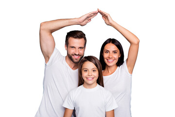 Daddy mommy and little lady under protection on arms roof wear casual outfit isolated blue...
