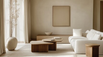  serene living room featuring clean lines, neutral colors, and simple furniture, emphasizing a clutter-free