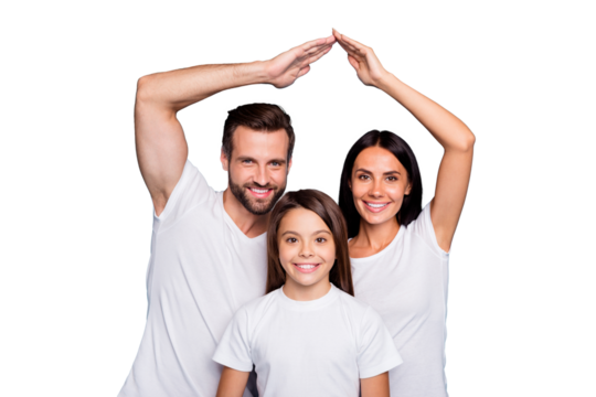 Daddy mommy and little lady under protection on arms roof wear casual outfit isolated blue background