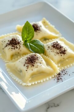 four ravioli with cheese and basil leaves on a white plate