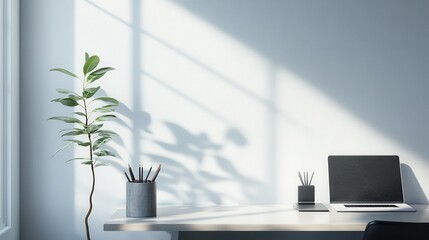  tranquil workspace featuring a simple desk, a single plant, and an uncluttered environment, highlighting the essence of a focused 