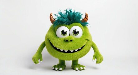 Fototapeta premium Cheerful green monster with big eyes and a goofy grin on a pure white background