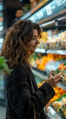 Obraz premium Young woman shopping, brown curly hair, coat, at fruit display, holding fruit, smiling at camera, cheerful atmosphere, necklace accessorized.