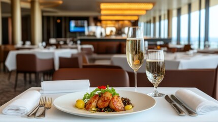 a restaurant table with a plate of food and wine
