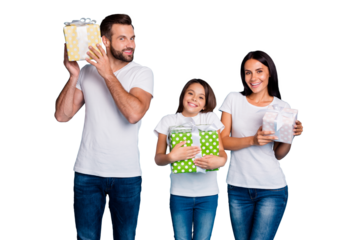 Crazy family holding new year giftboxes excited to open them wear casual outfit isolated blue background
