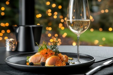 a plate with food and wine on it