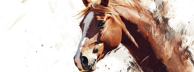 Beautiful brown horse head in the style of watercolor on a white background, close-up portrait