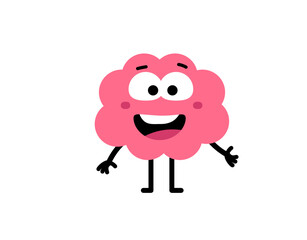Vector cartoon illustration of cute happy brain character with open mouth and big eye on white color background. Flat doodle style design of smile brain stand
