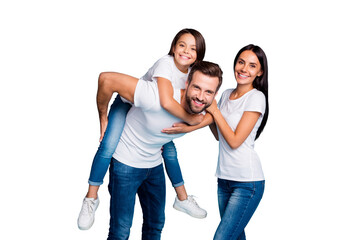 Photo of foster family spending sunny weekend playing outside games wear casual outfit isolated...