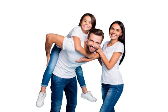 Photo of foster family spending sunny weekend playing outside games wear casual outfit isolated blue background