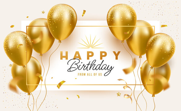 Vector happy birthday realistic template design of shine golden air helium balloon on white background with confetti. 3d happy birthday illustration with flying balloon and text