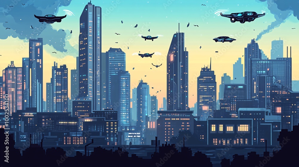 Wall mural futuristic cityscape with flying cars, skyscrapers and a sunset sky.