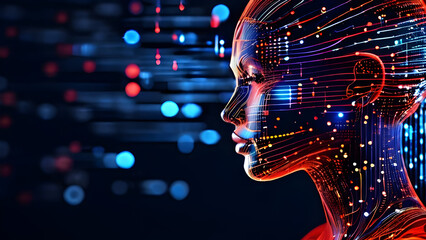 Visually represent the flow of data or light in the form of a human, Add digital patterns or flows around the head to make it look like the AI ​​is understanding human thoughts.