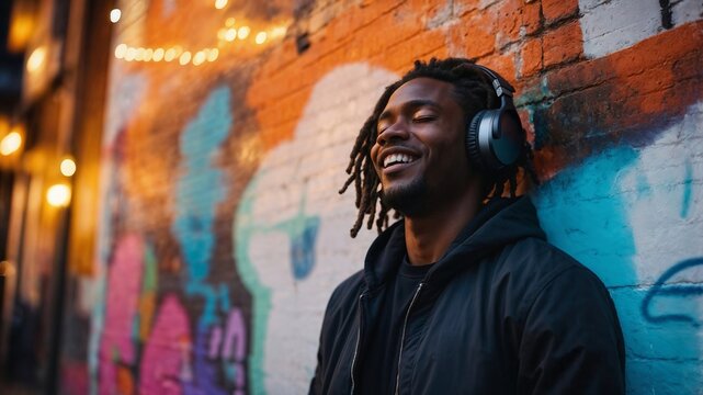 Young handsome african american man wearing headphones listening to music or podcast, smiling on colorful graffiti background street with  lights. Banner, header. Generative AI.