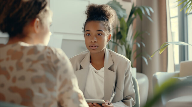 Young african american psychologist or therapist listen the client
