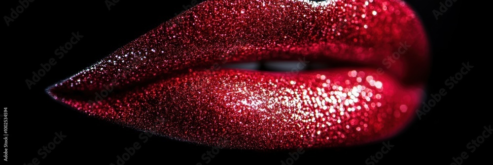 Poster close-up view of glossy, vibrant lips with a shiny finish against a dark background showcasing their