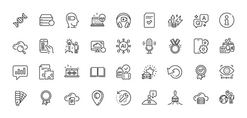 Brush, Headphones and Cyber attack line icons pack. AI, Question and Answer, Map pin icons. File storage, Inspect, Interview web icon. Mobile survey, Creative idea, Book pictogram. Vector