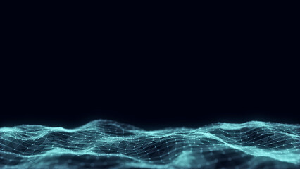 Abstract technology wave of particles and lines. Big data visualization. Background with motion dots. Artificial intelligence.