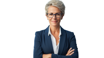 Smiling middle-aged businesswoman with arms crossed on transparent background PNG.
