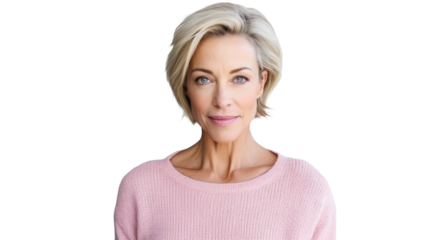 Portrait of lovely middle aged woman on transparent background PNG. 
