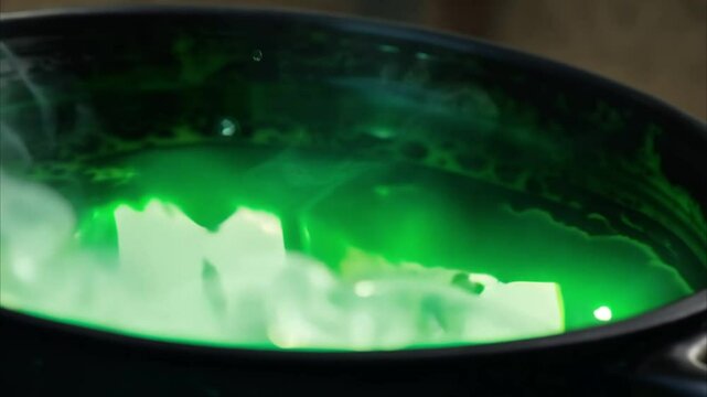 Horizontal Halloween video, cauldron with boiling green magic potion