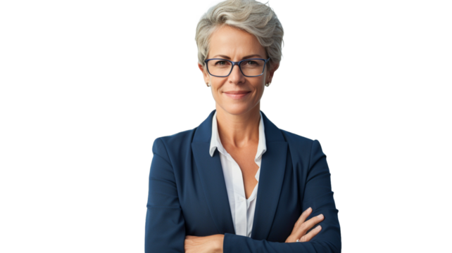 Smiling middle-aged businesswoman with arms crossed on transparent background PNG.
 - Powered by Adobe
