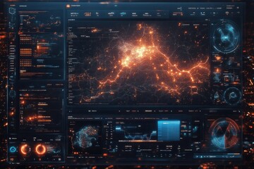 Futuristic Data Dashboard with Glowing Graphs and Networks in Dark Interface