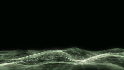 Abstract technology wave of particles and lines. Big data visualization. Background with motion dots. Artificial intelligence.