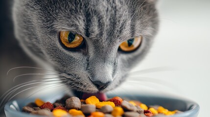 Gray cat eating from a bowl against a white background.