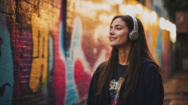 Young beautiful woman wearing headphones listening to music or podcast, smiling on colorful graffiti background street with lights. Panoramic banner. Generative AI.