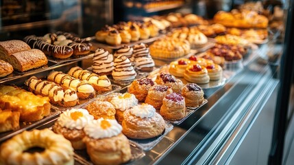 A bakery display case filled with freshly baked pastries and cakes.