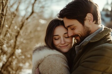 Fototapeta premium A young couple standing close together, smiling and enjoying a moment outdoors.