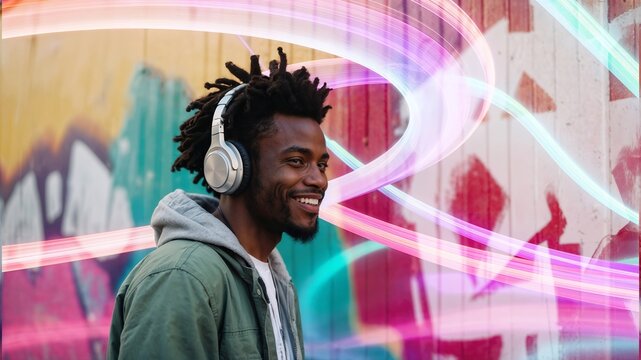 Young handsome african american man wearing headphones listening to music or podcast, smiling on colorful graffiti background street with  lights. Banner, header. Generative AI.