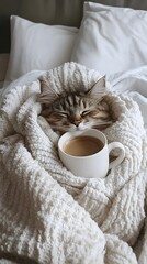  A cat is wrapped in an oversized beige blanket, sitting on the bed with its head covered by the same blanket and surrounded by coffee mugs