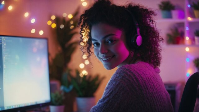 Young african american woman wearing headphones, poc in front of computer smiling in a room with lights at night. Online teacher, software engineer, twitch streamer. Panoramic banner. Generative AI.