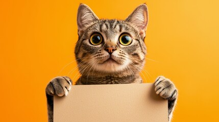 A surprised cat holding a blank sign with both paws against a bright orange background, its large eyes and playful expression giving off a cute, curious vibe.