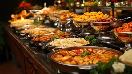 Obraz premium A buffet table filled with various dishes at a large banquet event.