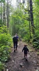 Obraz premium A pair, adult in a dark jacket and child in black attire, walks hand in hand on a muddy forest trail with evergreen trees. Serene fog adds mystique.