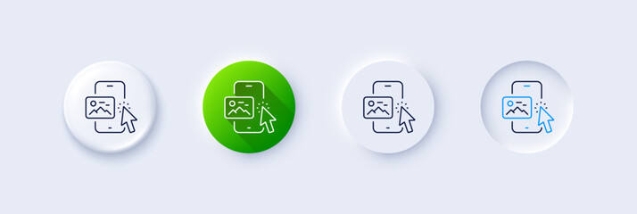 Phone image line icon. Neumorphic, Green gradient, 3d pin buttons. Smartphone app sign. Cellphone mobile device symbol. Line icons. Neumorphic buttons with outline signs. Vector