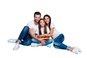 Full length body size photo of cute beautiful family enjoying spending time with each other while isolated with blue background