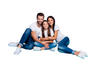 Full length body size photo of cute beautiful family enjoying spending time with each other while isolated with blue background