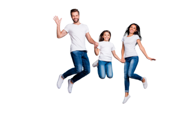 Full length body size photo of funny funky cheerful glad family  jumping in front of camera while isolated with blue background