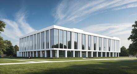 Obraz premium Contemporary government office building with sleek white walls and reflective glass windows surrounded by green lawns under a cloudless sky