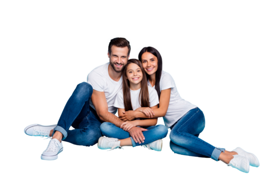 Full length body size photo of cute beautiful family enjoying spending time with each other while isolated with blue background