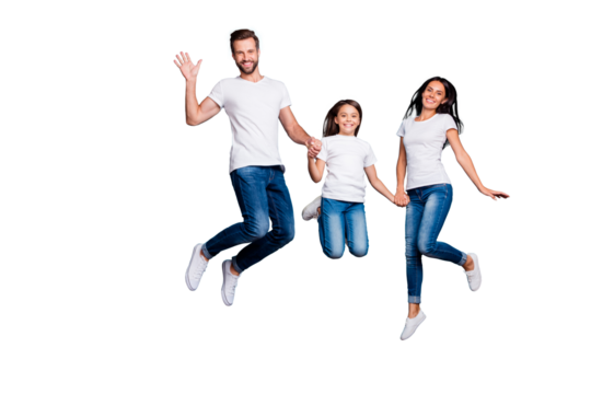 Full length body size photo of funny funky cheerful glad family  jumping in front of camera while isolated with blue background