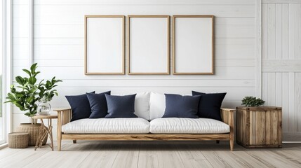Minimalist Living Room with Wooden Sofa and Frames