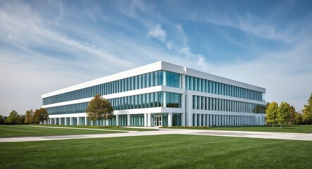 Obraz premium Contemporary government office building with sleek white walls and reflective glass windows surrounded by green lawns under a cloudless sky