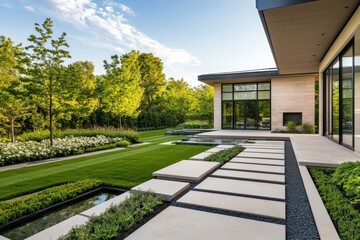 Fototapeta premium Modern landscape design featuring a sleek home and lush greenery.