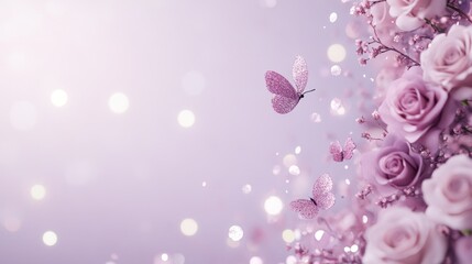 Fototapeta premium A serene waterfall surrounded by delicate pink roses and graceful butterflies under a soft purple sky at twilight